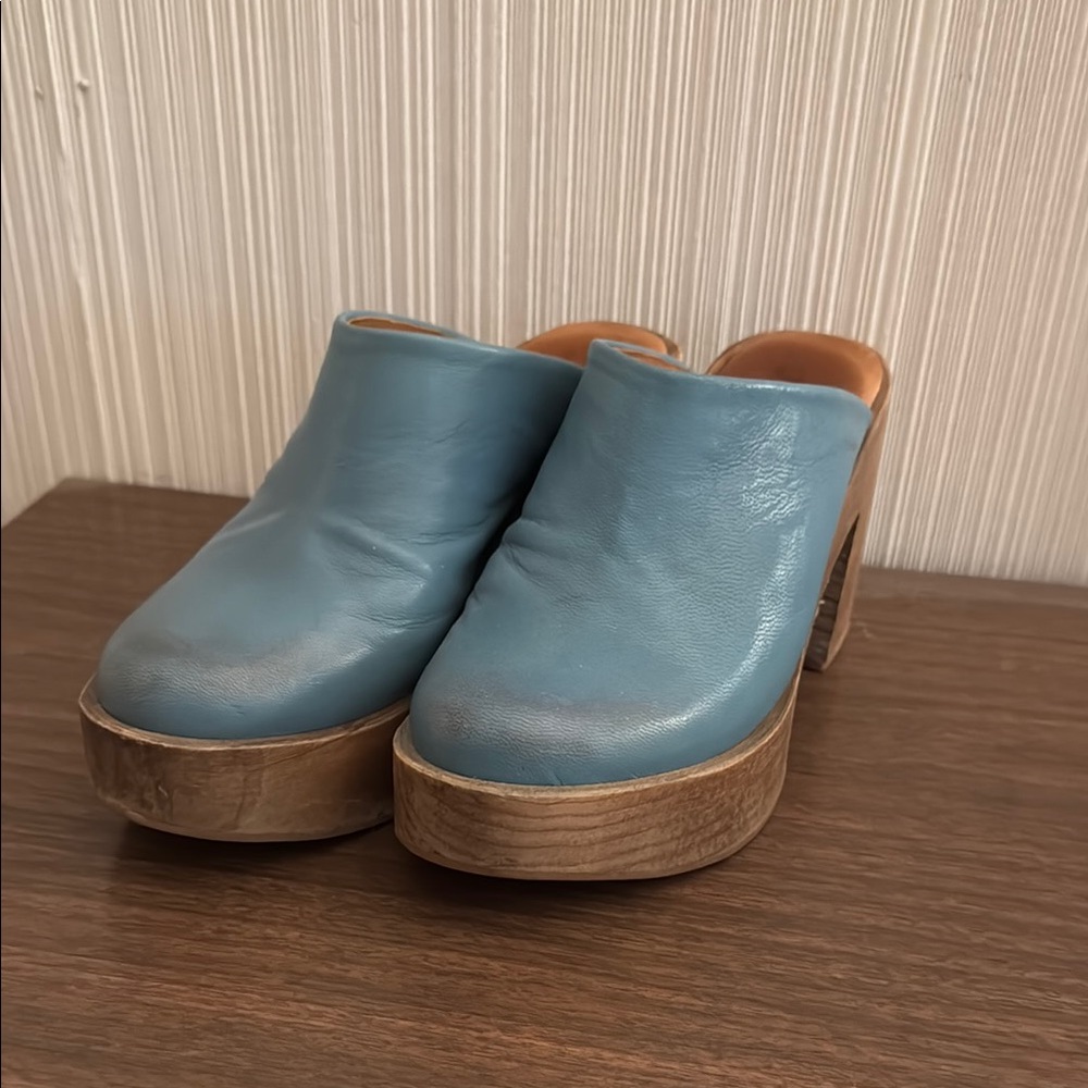 Free People Blue Leather Clogs with Wooden Platform